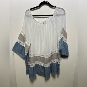 “Kaktus” Blues & White Lite Weight Top SZ: (XXXL) NNT Boho Off-Shoulder Top